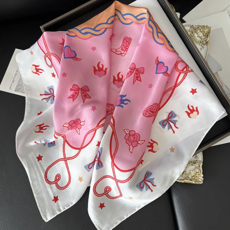 Luxury Women's Silk Scarf Pink Star Print Silk Women's Square Scarf Elegant Women Shawls and Wraps for Office XSSJJ06