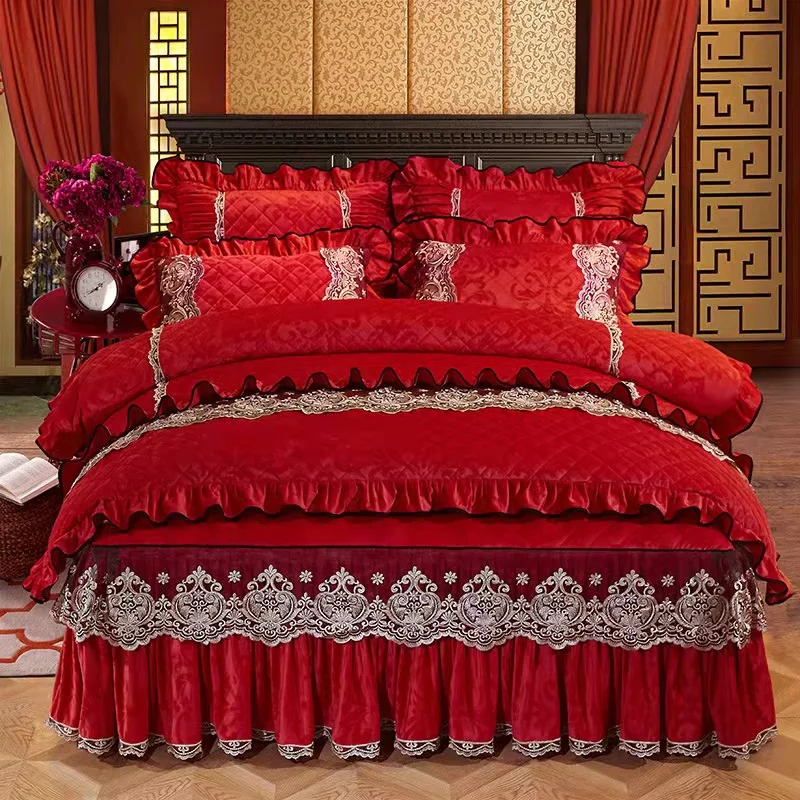 Velvet Luxury Home Bedspread Quilt Cover Set Quality Embroidered Duvet with Bed Skirt Luxury Bedding