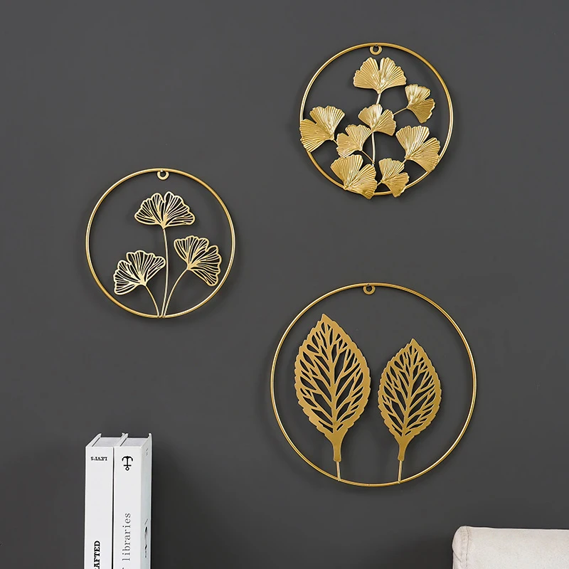 Round Golden Wall Hanging ornament Light Luxury Round Wall Hanging Ginkgo Leaf Metal Wall Hanging Home Sofa Background Decor