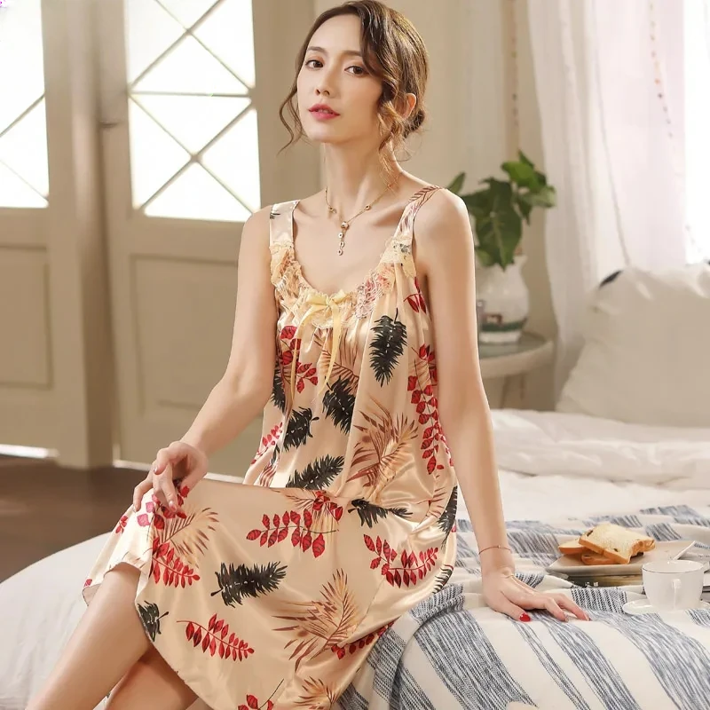 

Middle Aged Mom Sleeveless Vest Loungewear Set Summer Real Silk Ice Silk Nightdress Women's Pajamas Thin Short Sleeve Nightgowns