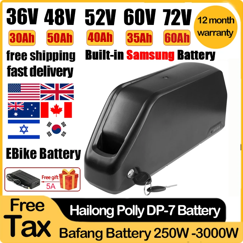 

E-Bike Downtube Hailong Polly DP7 48V 52 36 60 72V 20 25 30ah 35 40 50Ah 60Ah 2000 3000W 21700 Lithium Battery Pack with Charger