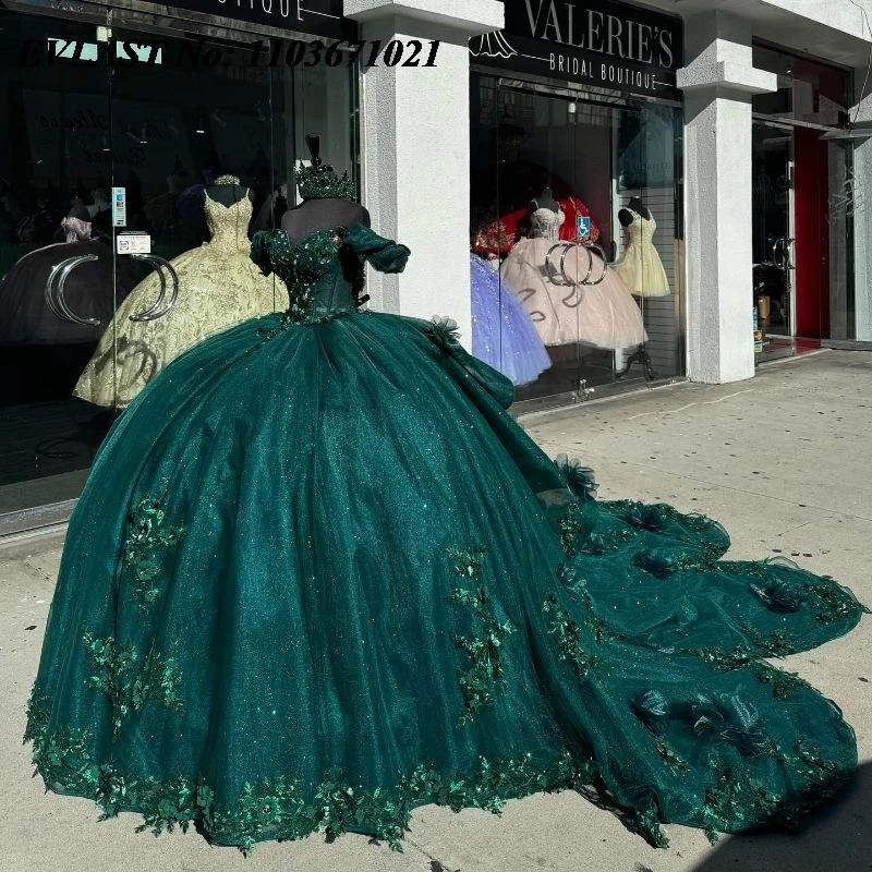 

EVLAST Emerald Green Quinceanera Dress Ball Gown 3D Floral Applique Beading Tiered Corset Sweet 16 Vestidos De XV 15 Anos SQ44