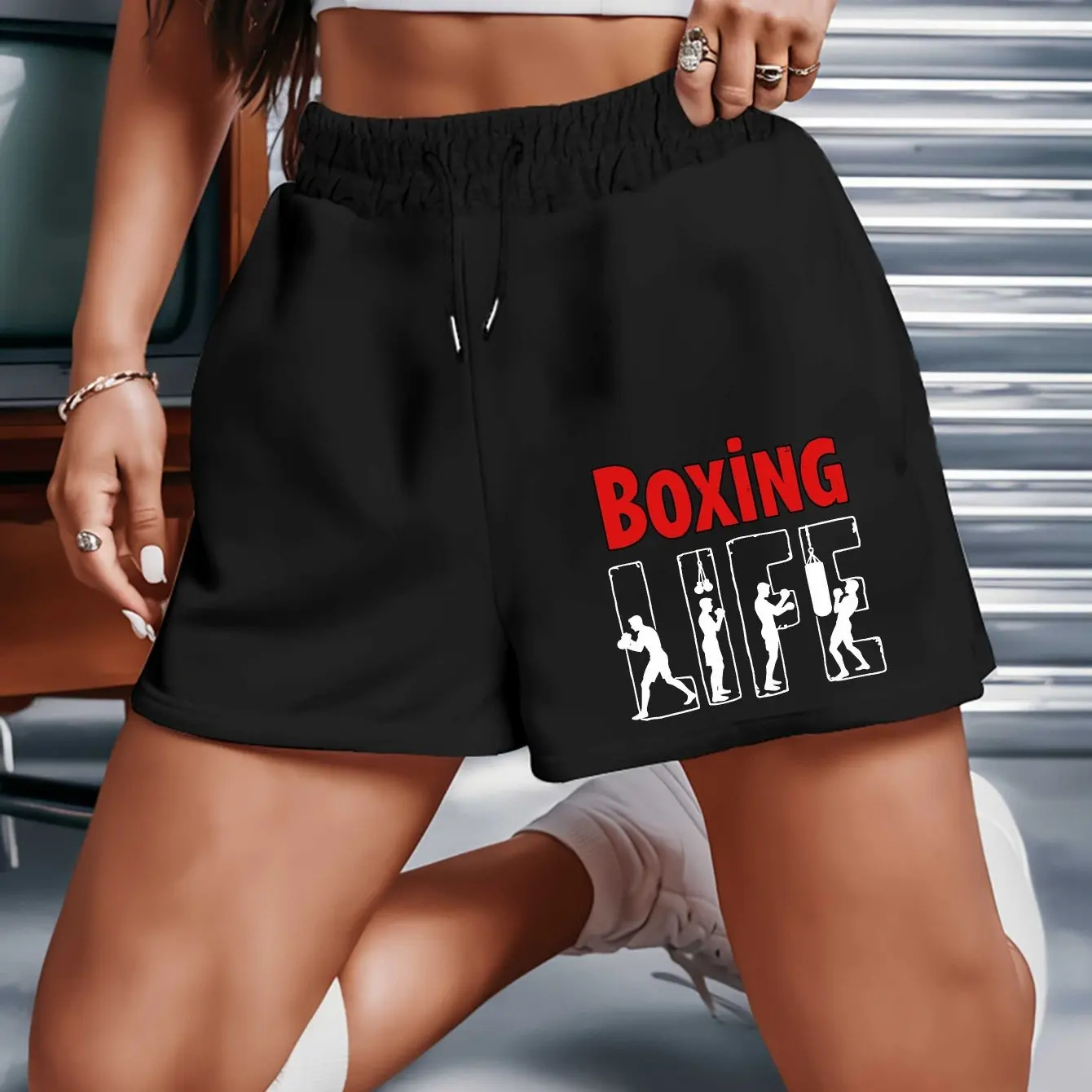 Women's Boxing Lifestyle Graphic Shorts Black Casual Summer Shorts Suitable for Beach or Casual Clothing Fashion