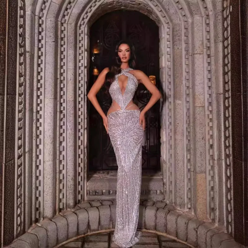 

New Arrival Sequin Embroidery Sexy Hollow Out Halter Bodycon Dress Fashion Hot Party Evening Dress