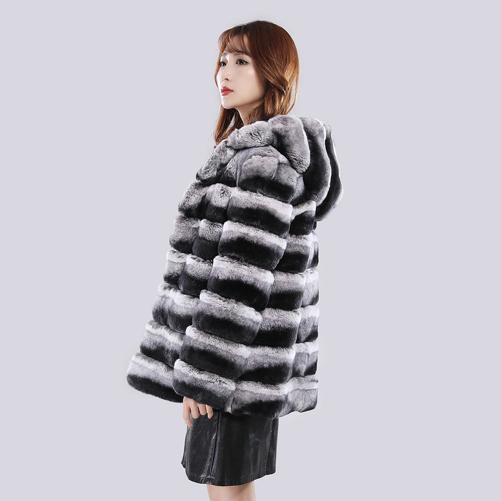 100% Natural Fur Warm Jacket Loose Knited Quality Luxury Hooded Full Sleeves Autumn Winter Women Real Rex Rabbit Thick Fur Coat