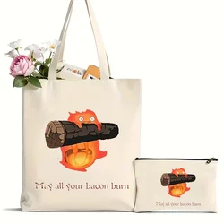 2Pcs May All Your Bacon Burn Pattern Tote Bag, Canvas Shoulder Bag For Travel Daily Commuting, Women's Reusable Shopping Bag