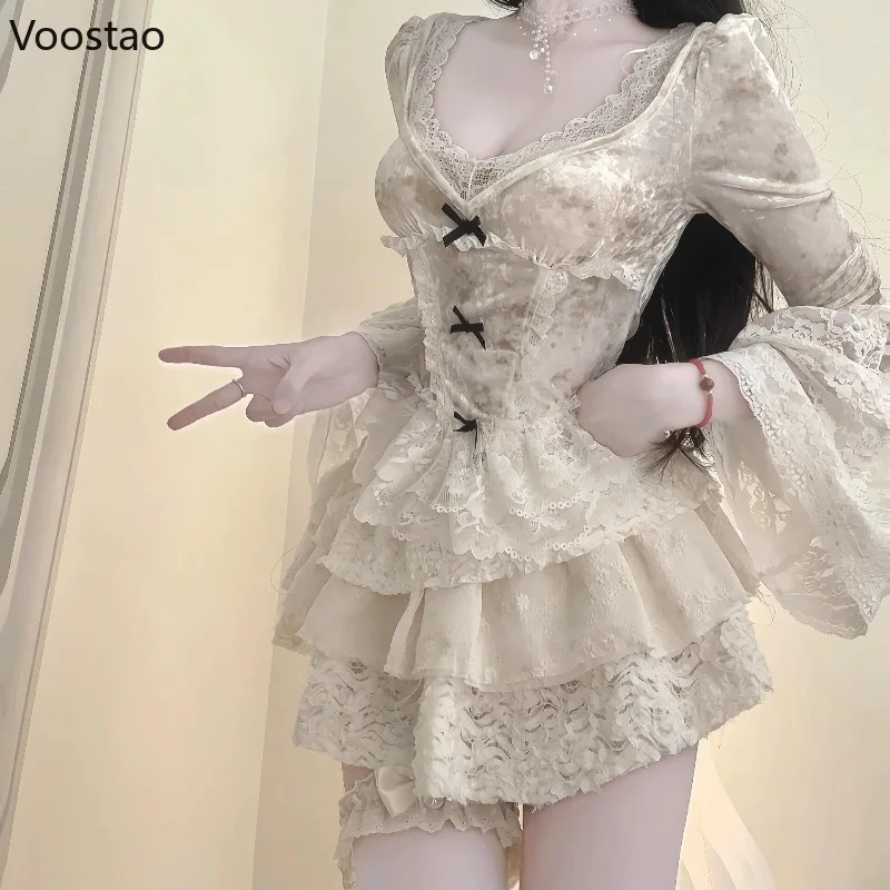 أنيقة النمط الفرنسي 2 قطعة مجموعة المرأة الحلو القوس الدانتيل كم طويل بلايز كعكة صغيرة التنانير الدعاوى الإناث 2025 مثير موضة وتتسابق