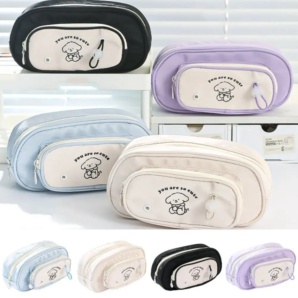 Girly Large Capacity Happy Puppy Pen Bag Portable Cute Cartoon Pen Case Double Layer High Appearance Level Zipper Bag Student