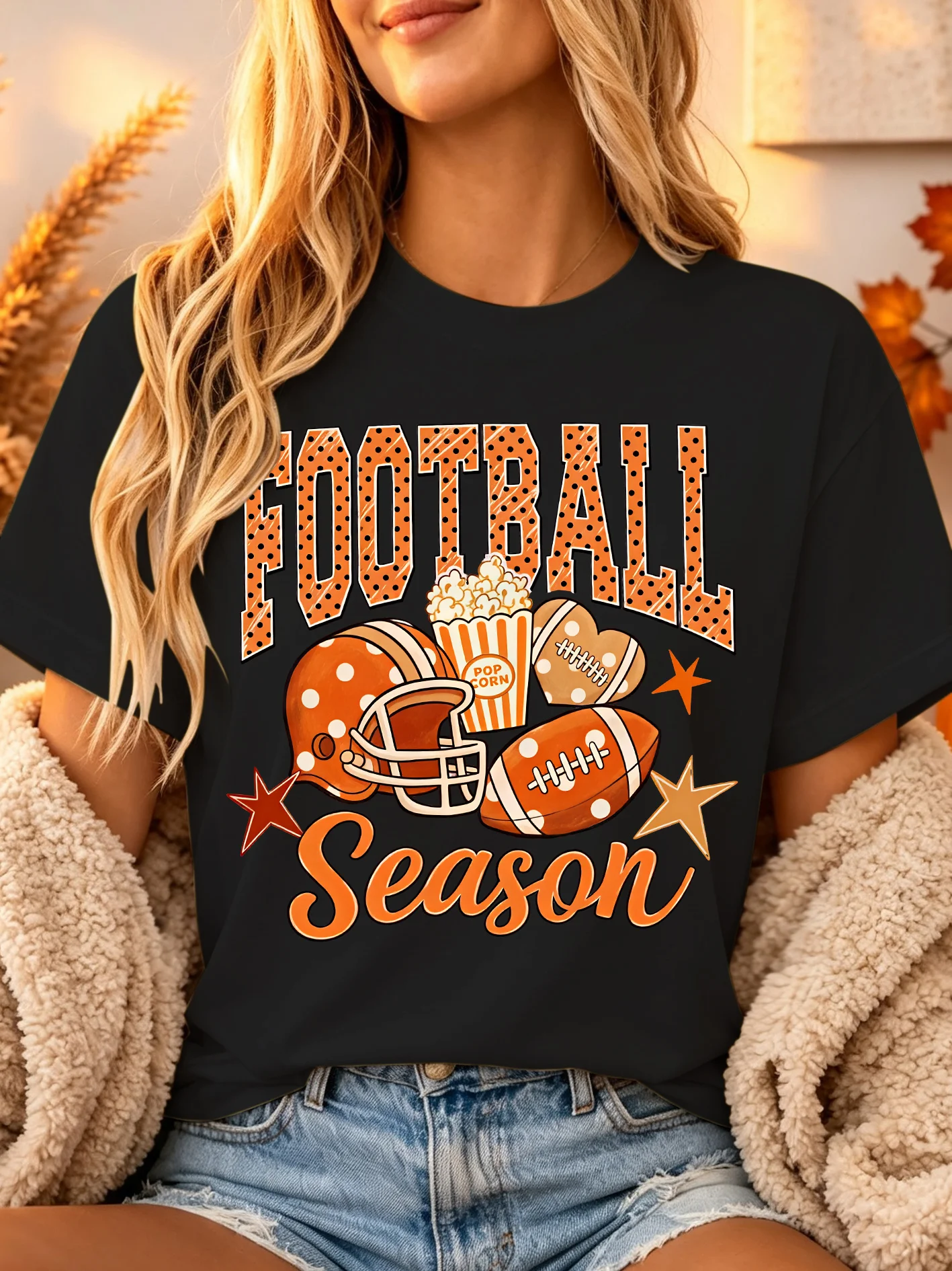 Football Season Helmet Popcorn Womens Crew Neck Short Sleeve T Shirt Sport Game Day Casual Graphic Tees For Ladies Daily Wear