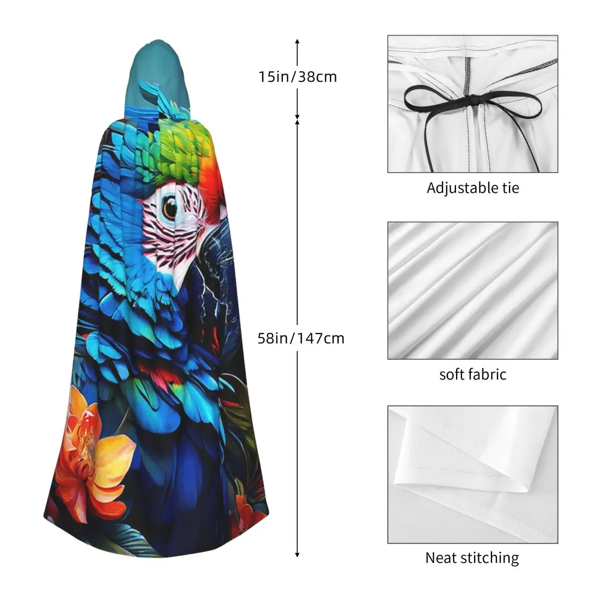 Black Retro Tropical Parrot Long Hooded Cloak Witch Medieval Costume Cosplay Cape HalloweenVampire Adult Unisex view 5