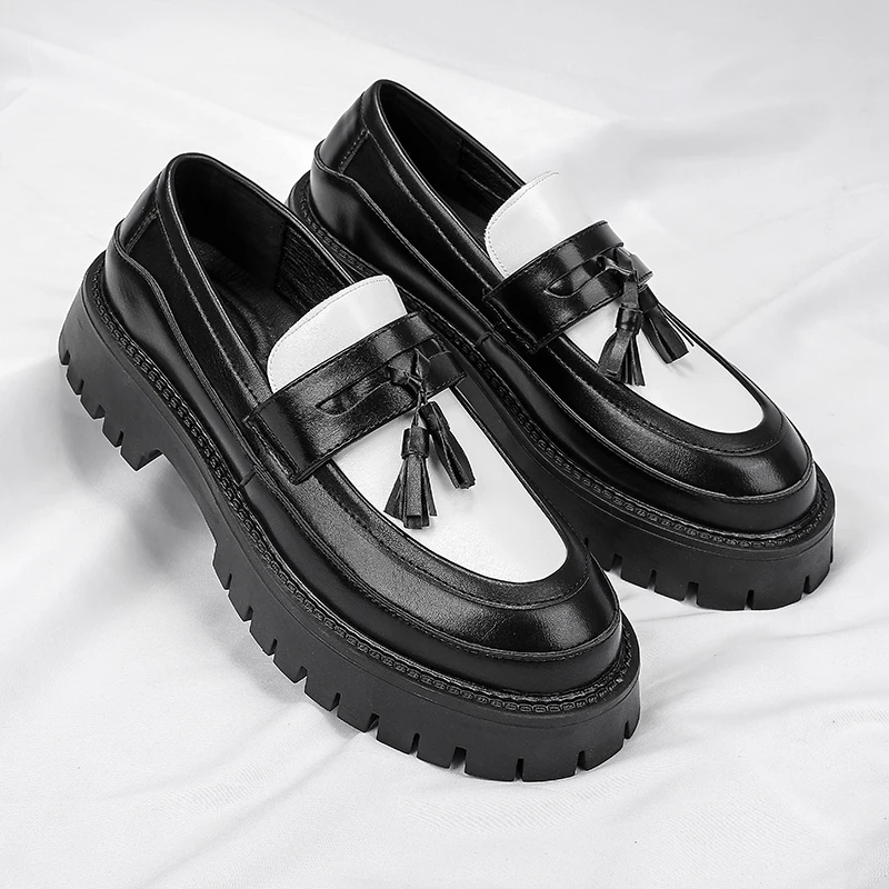 

British Style Mens Comfortable Thick Sole Low Heel Business Loafers Fashion Brand Spring Round Head Tassel Casual Leather Shoes