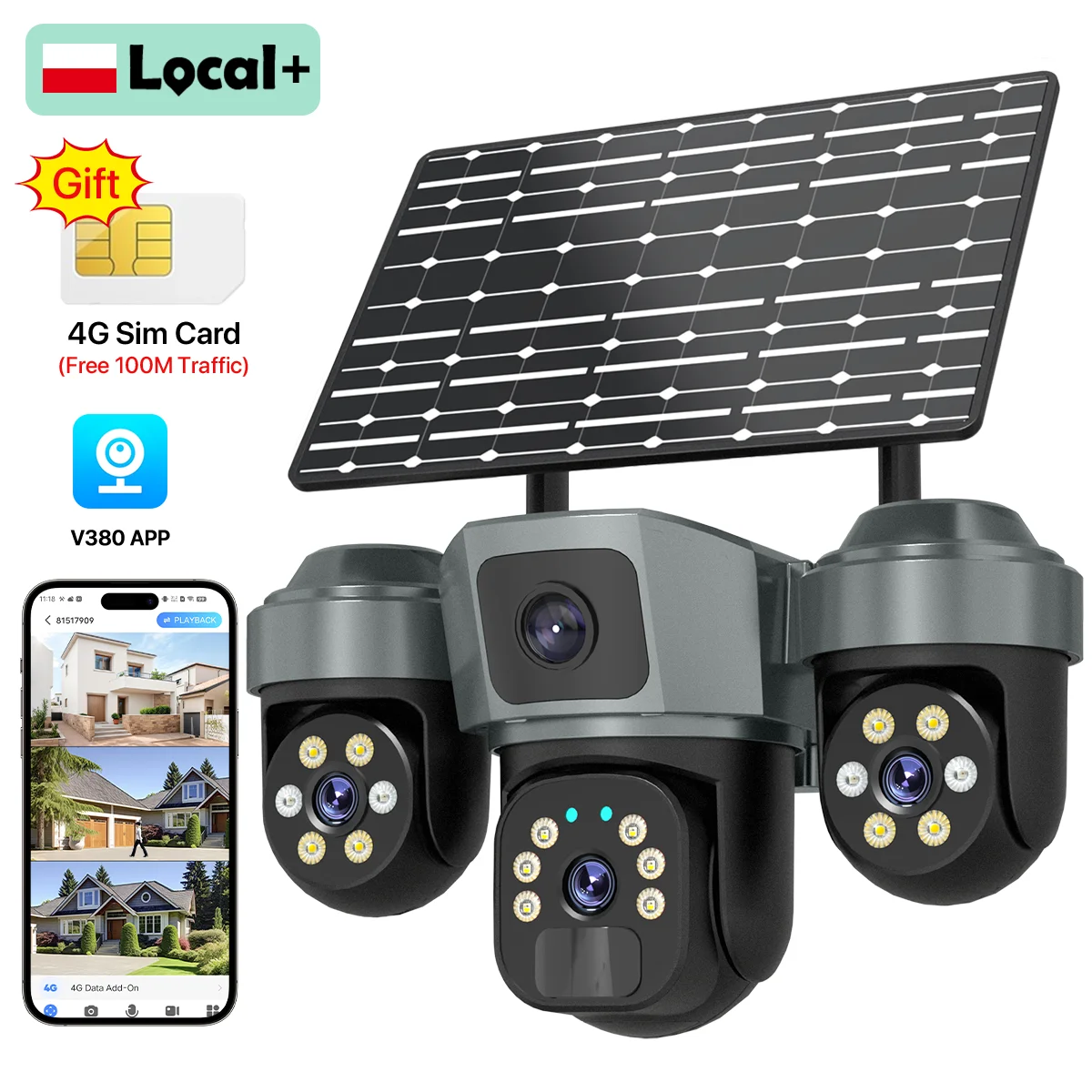 Cámara de Vigilancia Solar Wonsdar V380 4G, Tres Lentes, Batería, Cámaras Inalámbricas, Visión Nocturna, Carga Solar, Monitor de Video de Seguridad para Exteriores
