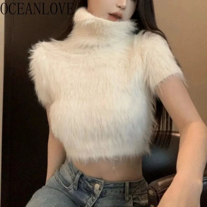 OCEANLOVE Turtleneck Short Sleeve Women Sweaters Spring Autumn Y2k Sexy Pull Femme Korean Fashion Solid Vintage Pullovers