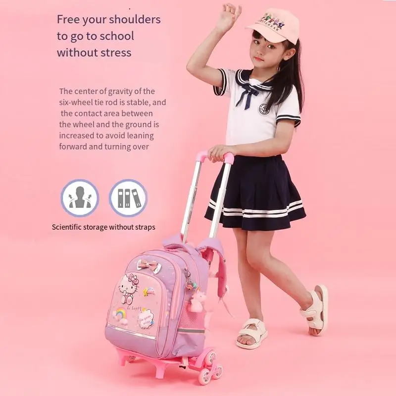 Anime Kawaii Hello Kittys Trolley School Bag Student Rolling Backpack with Wheels Large Capacity Waterproof Wearable Girl Gift