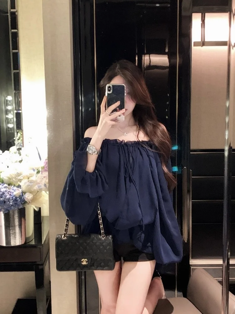 Wit Eén schouder Lange mouwen Chiffon irt Dames Zomer High-End Pure Desire Unieke Mooie Top Franse Sle Loose Fit