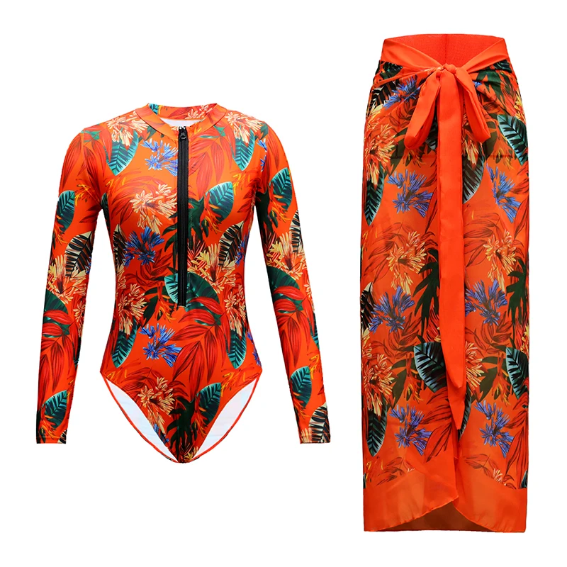 Two Pieces Bikini 2026 Sexy Swimsuit Women Zipper Swimwear Biquini Female Vintage Printed Bodysuit Bathing Suits Sarong Skirt