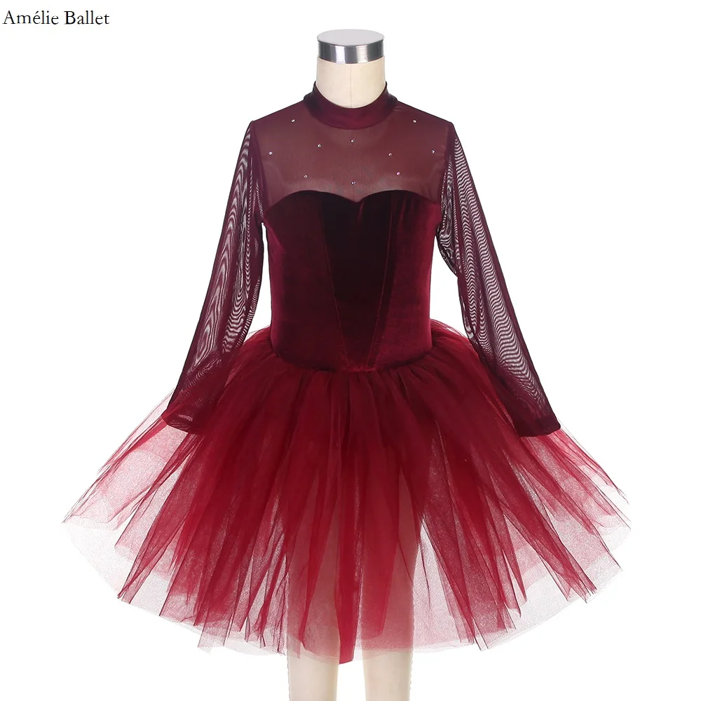 

22116 Long Sleeves Burgundy Mesh and Velvet Leotard Ballet Romatic Tutu for Girls & Women Competition or Performance Dance Dress