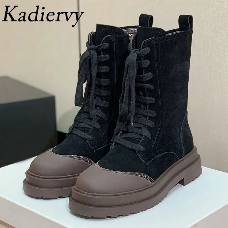 

Classics Motorcycle Boots Women Round Toe Lace Up Short Boots String Bead Flat Shoes Woman Cow Suede Knight Boots Woman