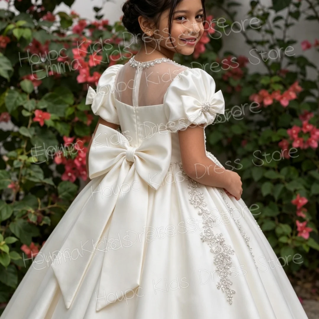 Custom White Flower Girl Dress for First Communion, Puff Sleeve Beaded Lace Satin Ball Gown, Customizable Kids Wedding Party Dre