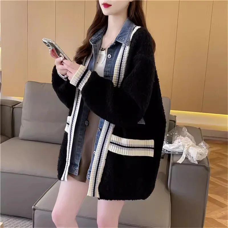 Cowboy Splicing Lamb Sweater Coat Female Autumn 2025 New Korean Version Of Long-sleeved Loose Slimming Fake Two-piece Design Top