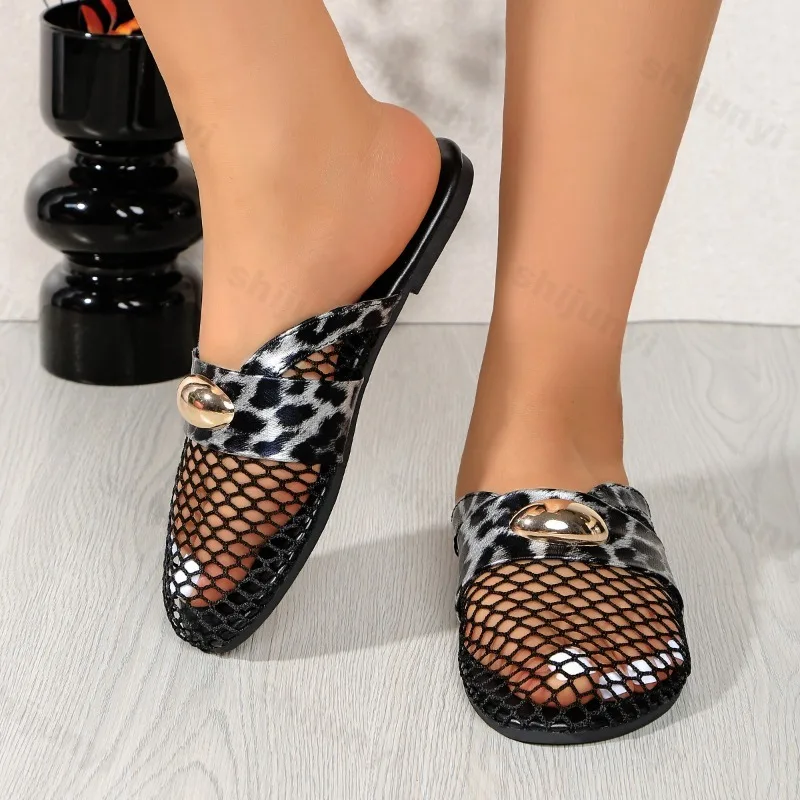 

Fashion Leopard Design Casual Flat Half Slippers for Women 2025 Summer Mesh Hollow Breathable Comfortable Slip on Beach Sandals