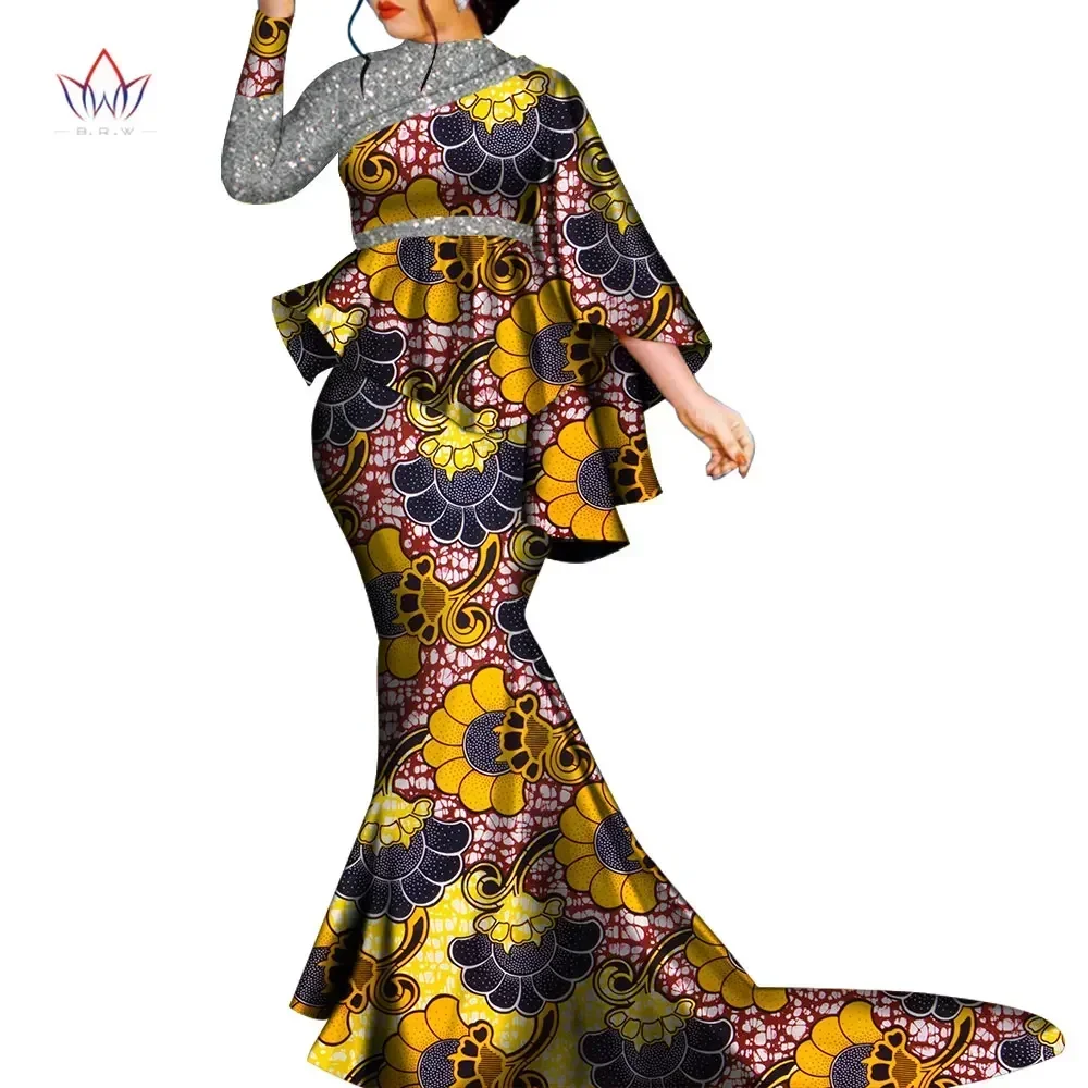 African Clothes for Women Bazin Riche Floral Printed 2 Piece Sets Irregular Bat Sleeve Top and Long Skirts Lady's Party Outfits