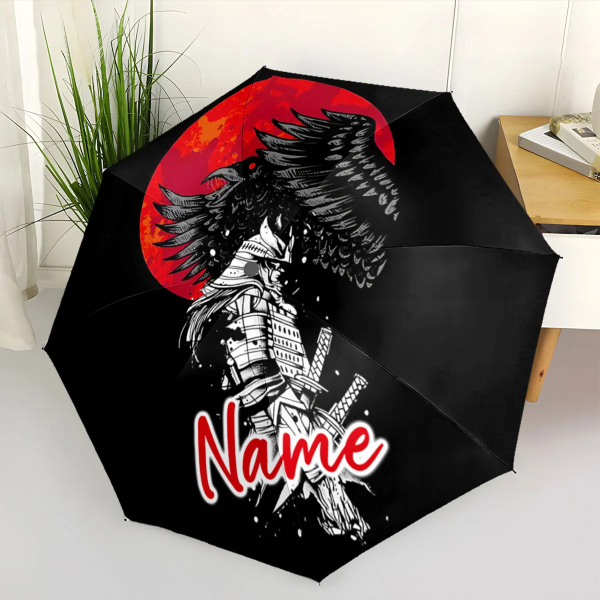 Custom Name Artistic Samurai Umbrella Design with Dark Aesthetic Print 8 Iron Ribs Folding Umbrella Auto-Open Fashion Sunshade