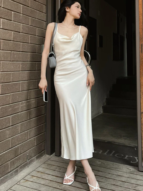 Ele Satin ter Dr Women's Mid-Length Slimming Vintage Sle Commute Friendly Korean Sle High Waist A-Line Dr