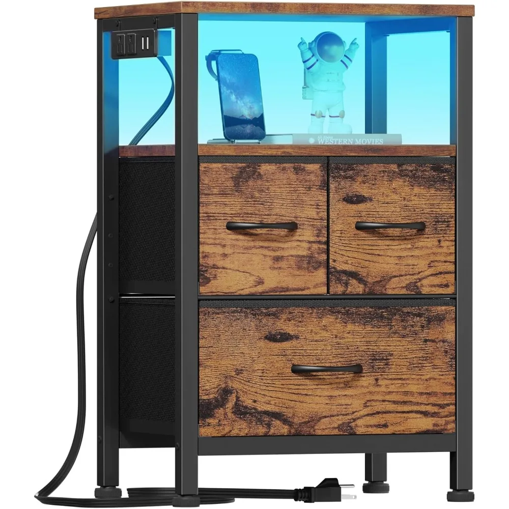 

Led Nightstand with Charging Station, Bedside Table with 3 Fabric Drawers and Storage Shelf, End Table with USB Ports a