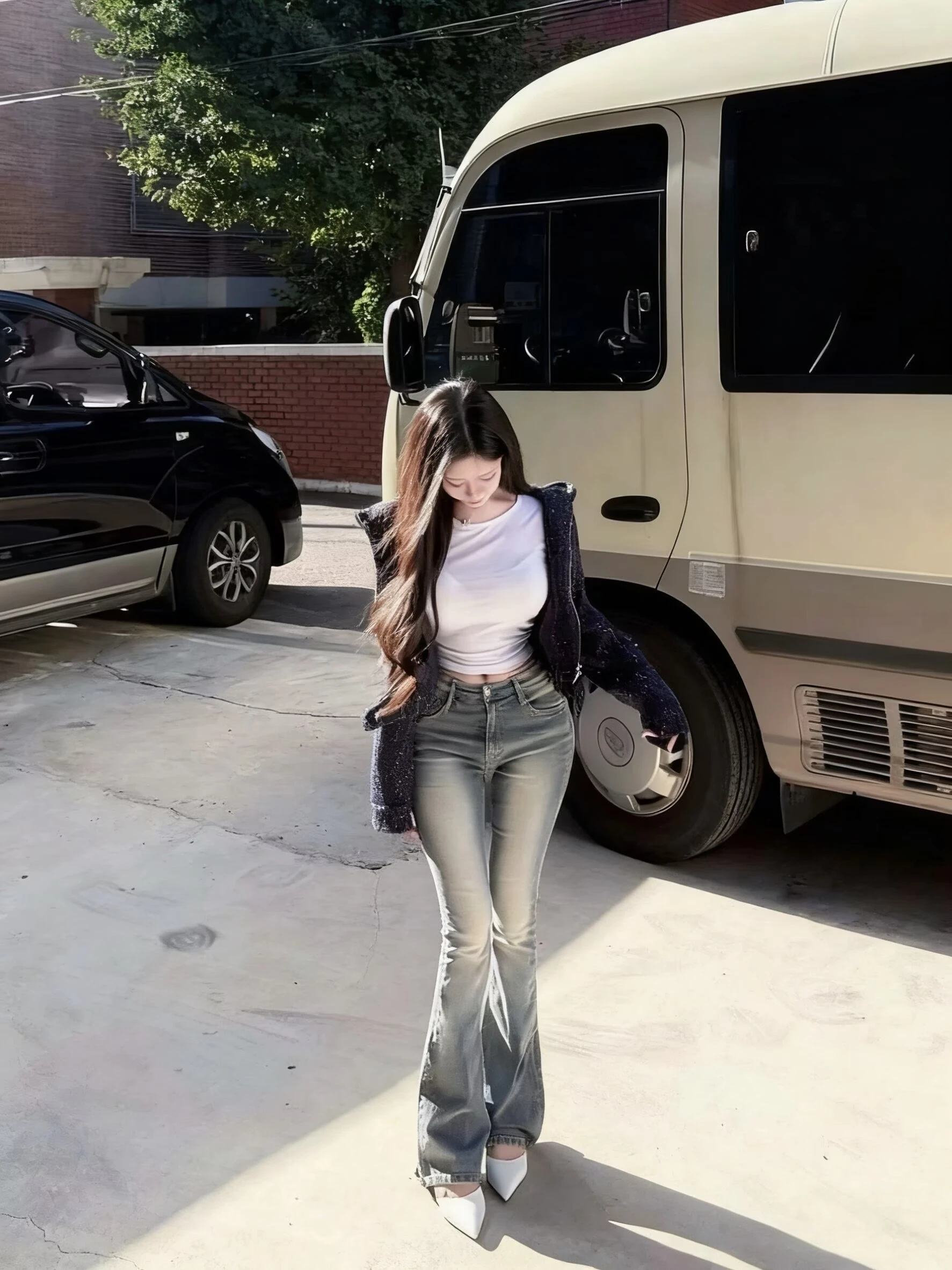 

Slimming Effect Low Waist Bell Bot Jeans Women's Cotton Stretch Denim hine Embroidery Waed White American High Street