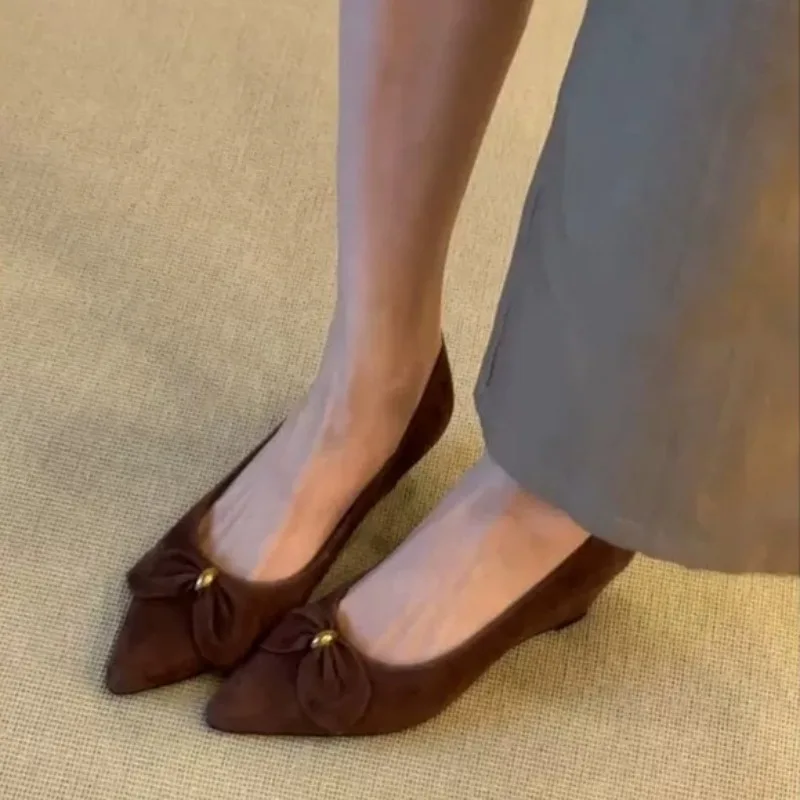 French Non-Tired Feet Heels Women's Pointed Toe Slip-On Bow Wedge Shoes