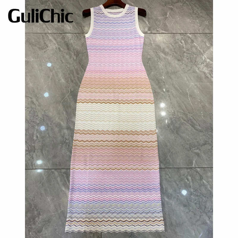 5.13 GuliChic Fashion Multi Color Zigzag Knit Maxi Dress Women High Quality Bodycon Gown 2024 O-Neck Striped Sleeveless Dress