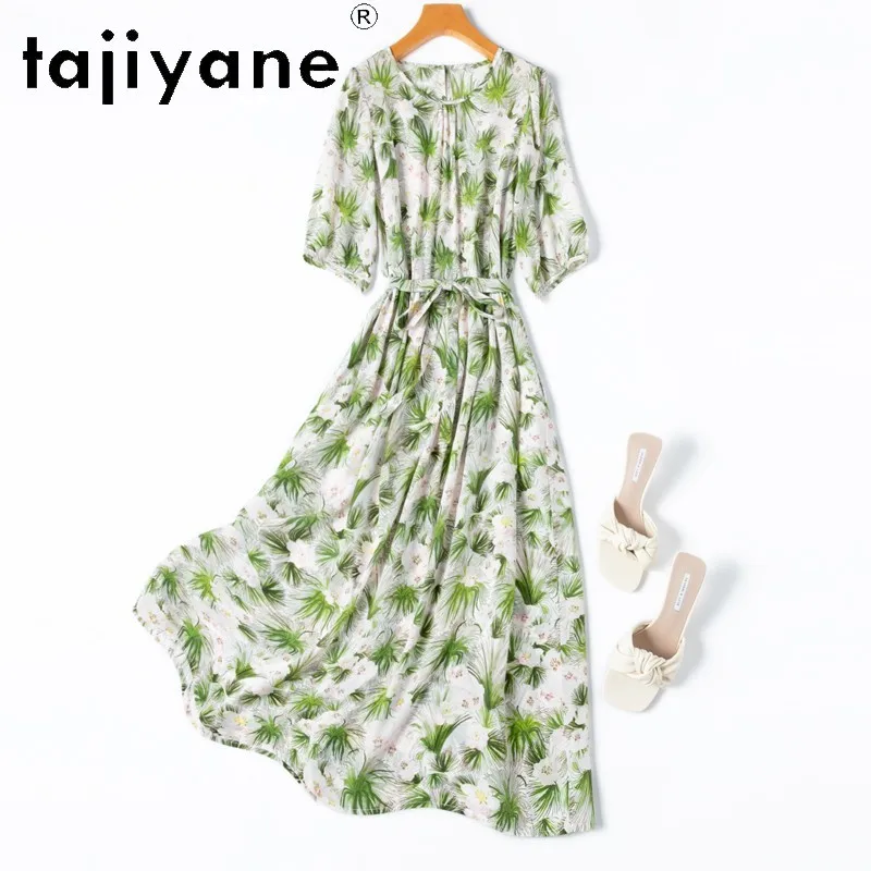 

TAJIYANE 100% Real Mulberry Silk Dresses for Woman Elegant Vacation Long Dress Summer Printed Frocks Women Clothing 2025 Vestido