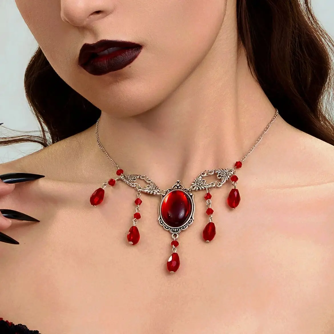 

KunJoe Unique Oval Red Crystal Tassel Pendant Necklace Women Gothic Wings Multilayer Chain Choker Halloween Party Neck Jewelry