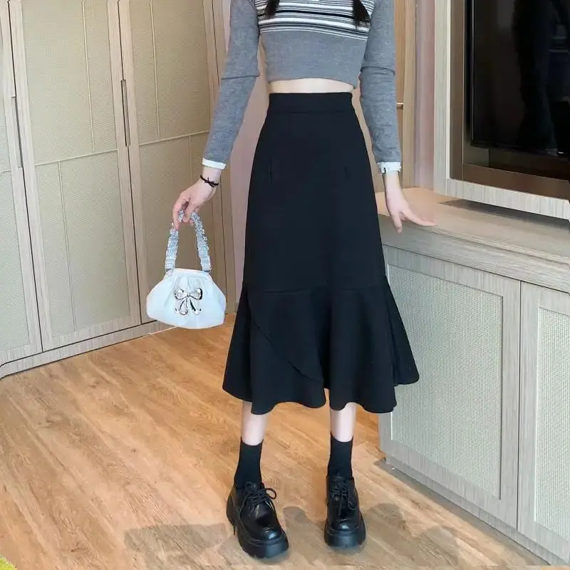 Fishtail Skirt Woolen Falbala Irregular Fashion Summer Women Casual 2024 Solid Color High Waist Fishtail Long Skirts