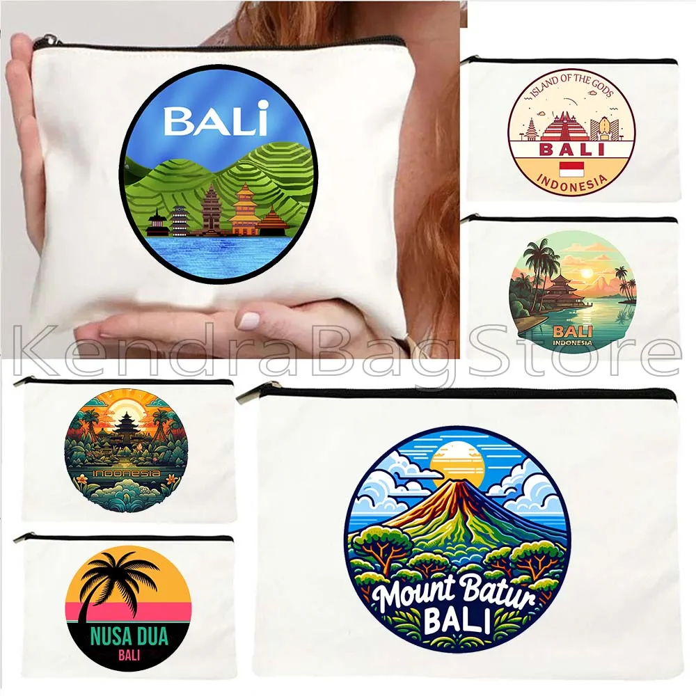 

Bali Indonesia City Skyline Emblem Uluwatu Nusa Dua Gili Islands Beach Sea Canvas Cosmetic Storage Makeup Bag Case Zipper Pouch