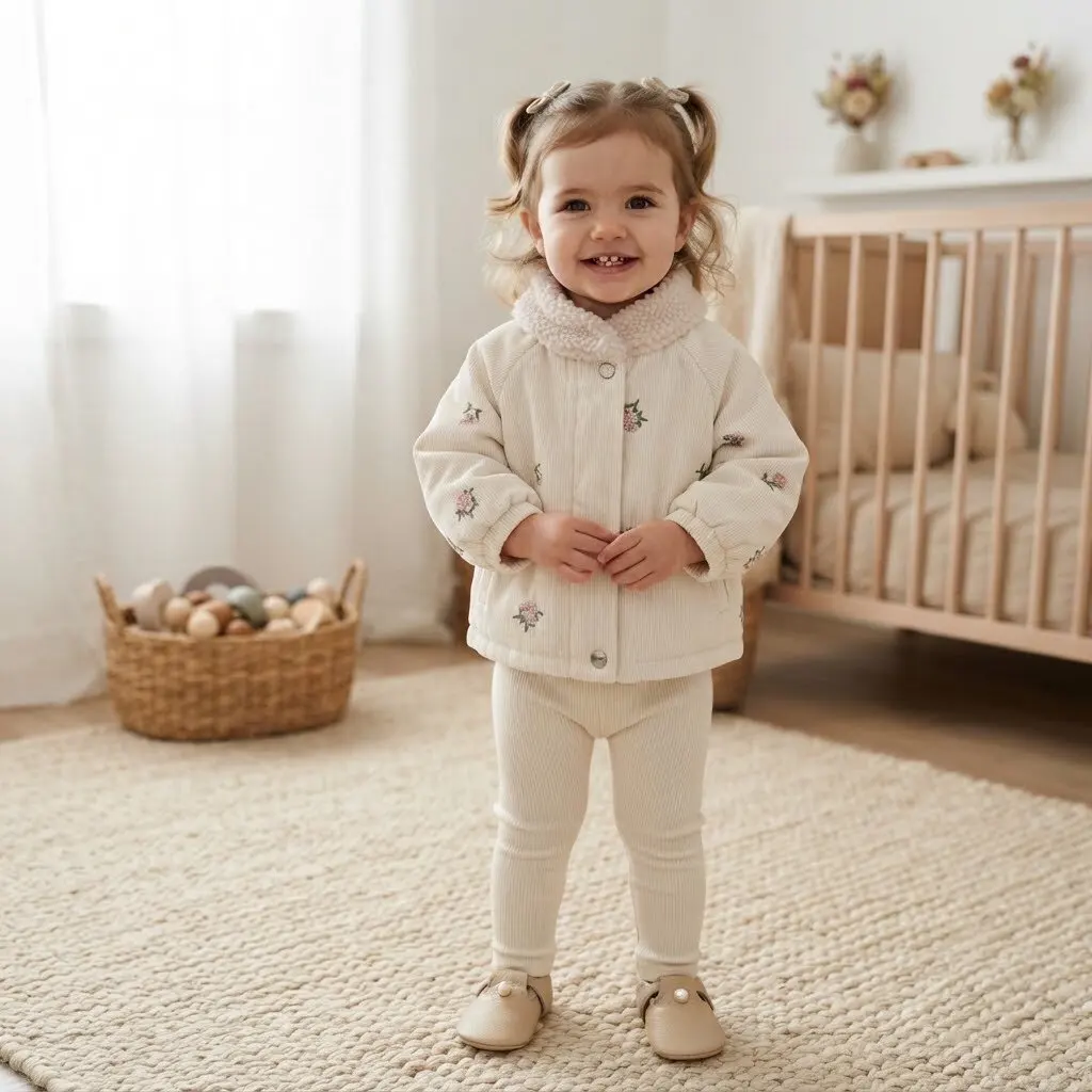 Toddler Baby Girl Winter Coat Sweet Flower Embroidery Corduroy Outer Fleece Lining Stand Collar Snap Button Jacket