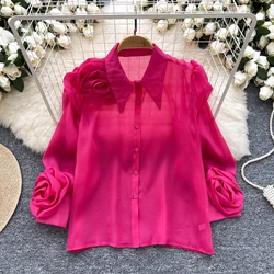 Chic Three-dimensional Floral Pleated Casual Long Lantern Sleeve Sexy  Basics Turn-down Collar High Street Vintage Autumn Blouse