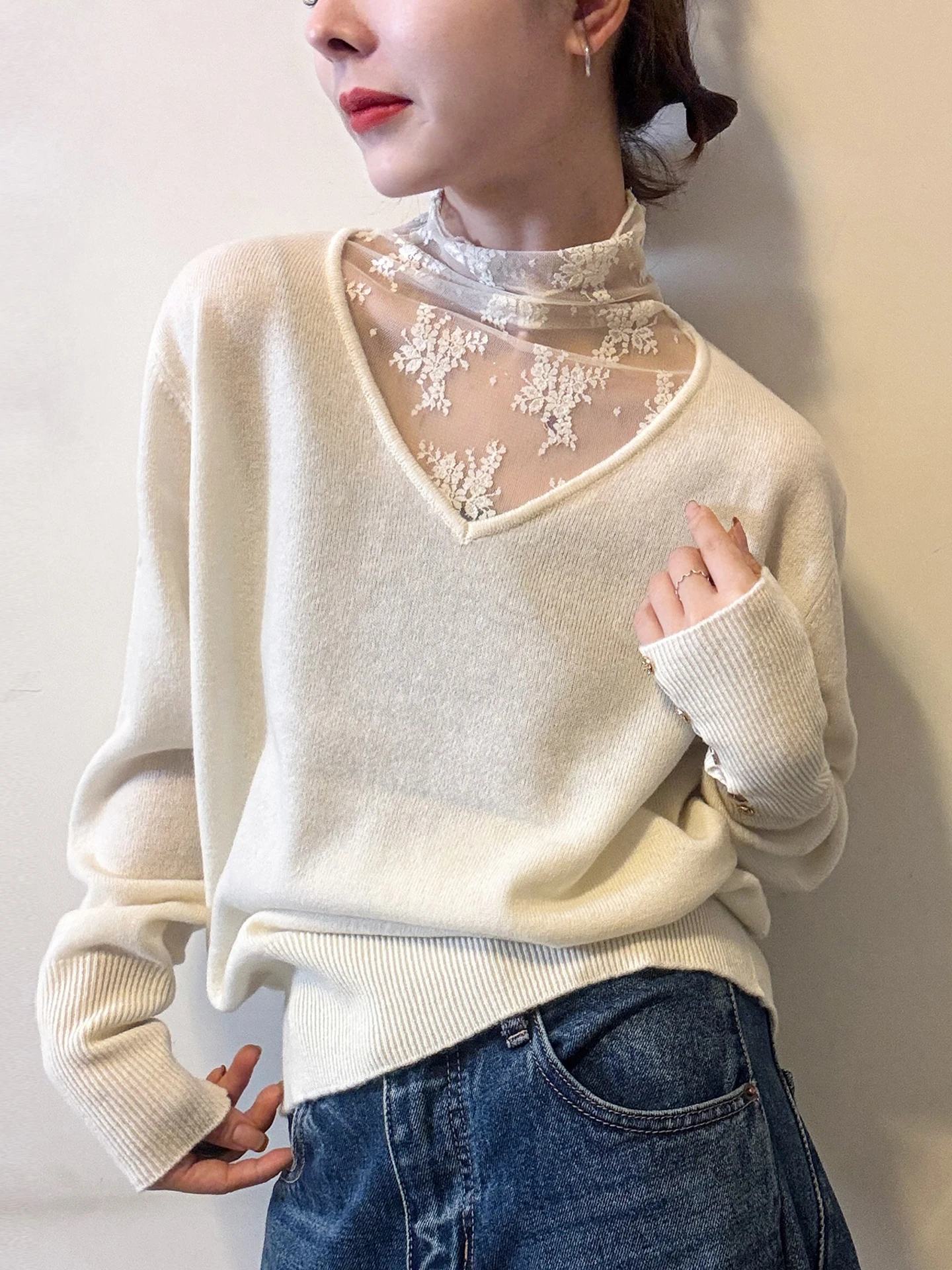   レーススプライスレディースニットウェアロングスベルーズフィット快適な冬のセーターシンプルなスレ韓国版カマーレ