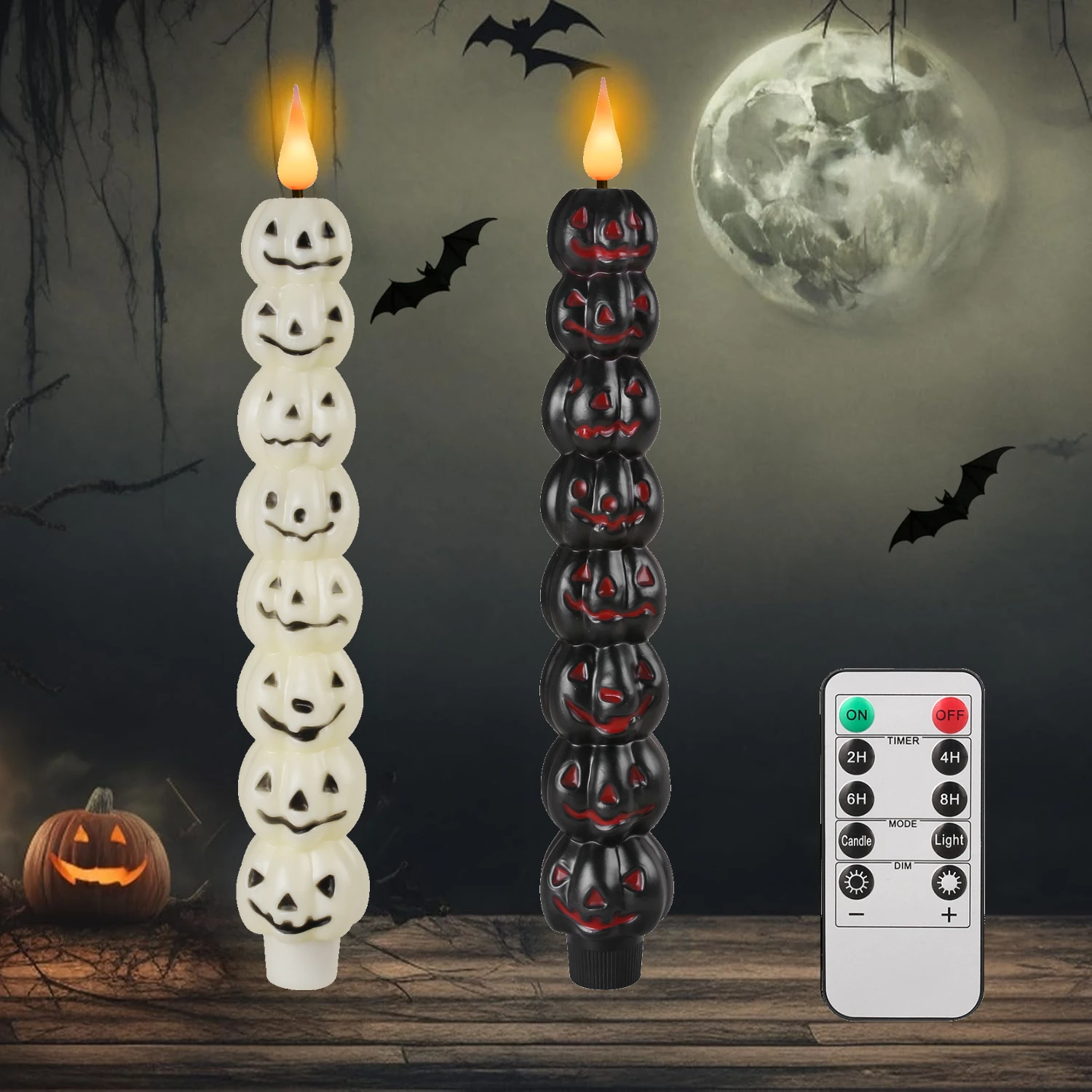 Pumpkin Halloween Flameless Taper Candles Battery Operated with Remote Timer LED Flickering Candle 3D Wick Spooky Dinner  Candle
