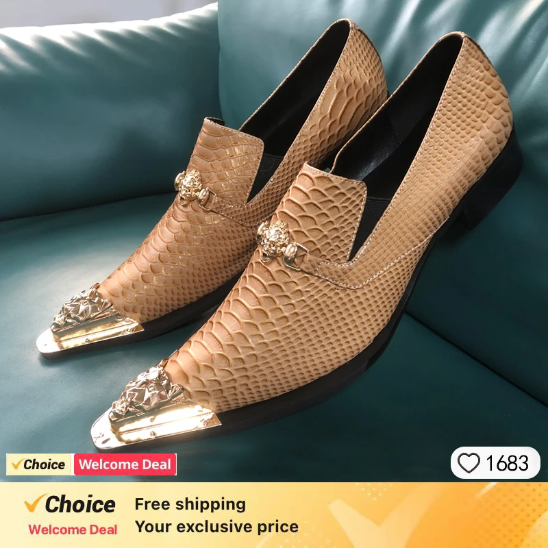 Brown Pointed Business Men's Dress Shoes Black Snake Embossed Genuine Leather Dragon Head Party Trend White Wedding Shoes