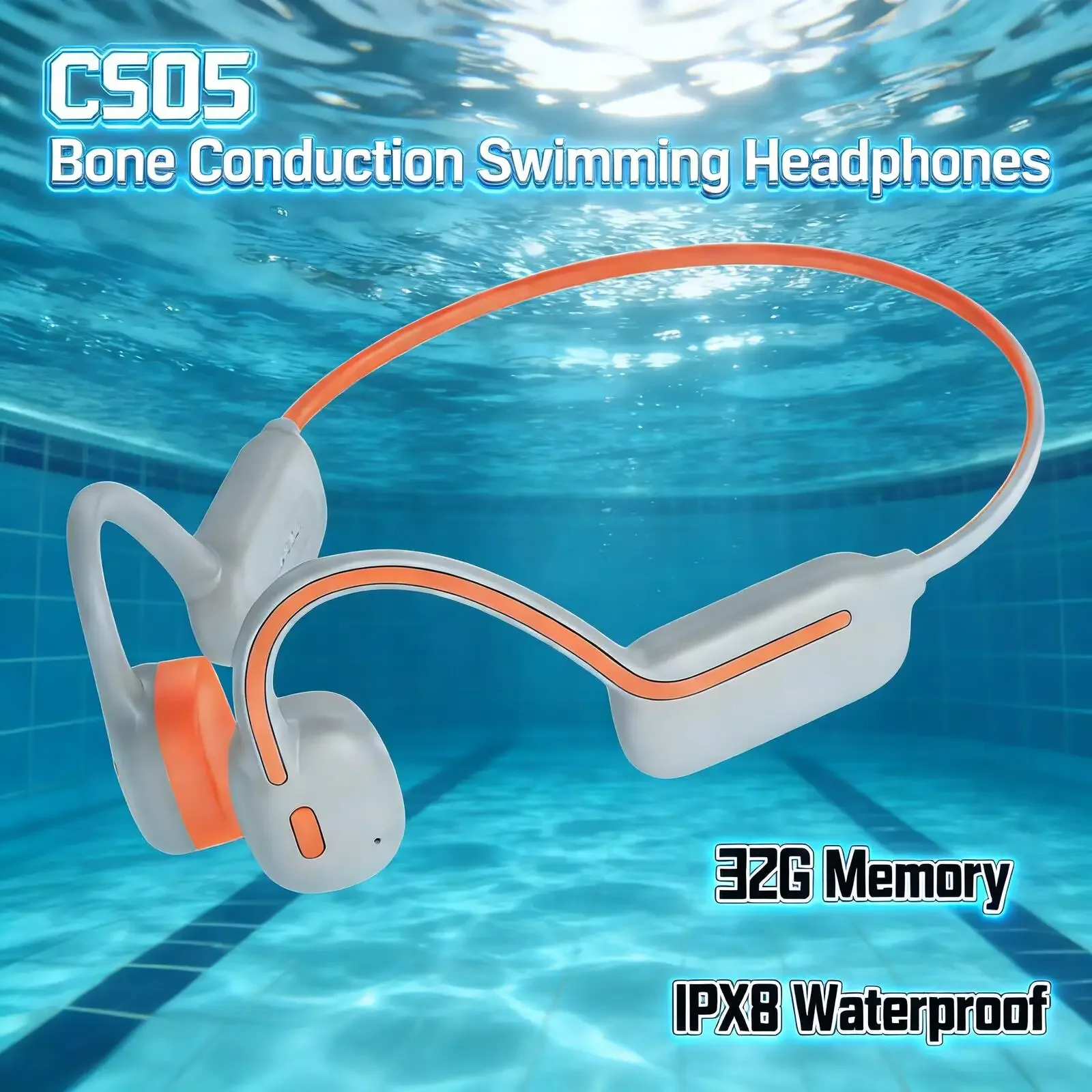 

New CS05 Bone Conduction Swimming Earphones Neckband Wireless Bluetooth IPX8 Waterproof 32G Memory Long Battery Life MP3 Player