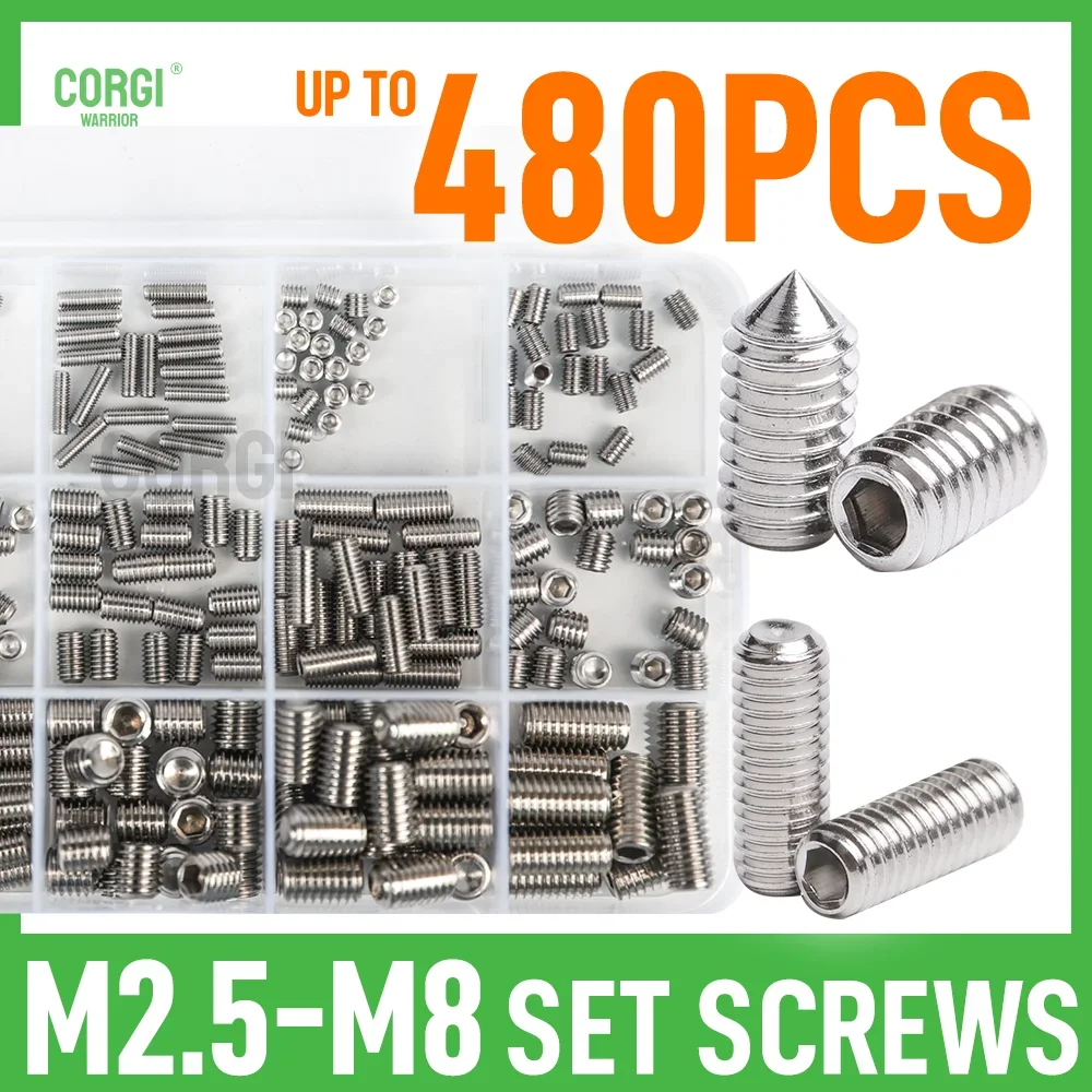 Up to 480 Metric Set Screw Assortment Kit M2.5 M3 M4 M5 M6 M8 304 Stainless Steel Socket Hex Drive Cone Cup Point Grub Set Screw