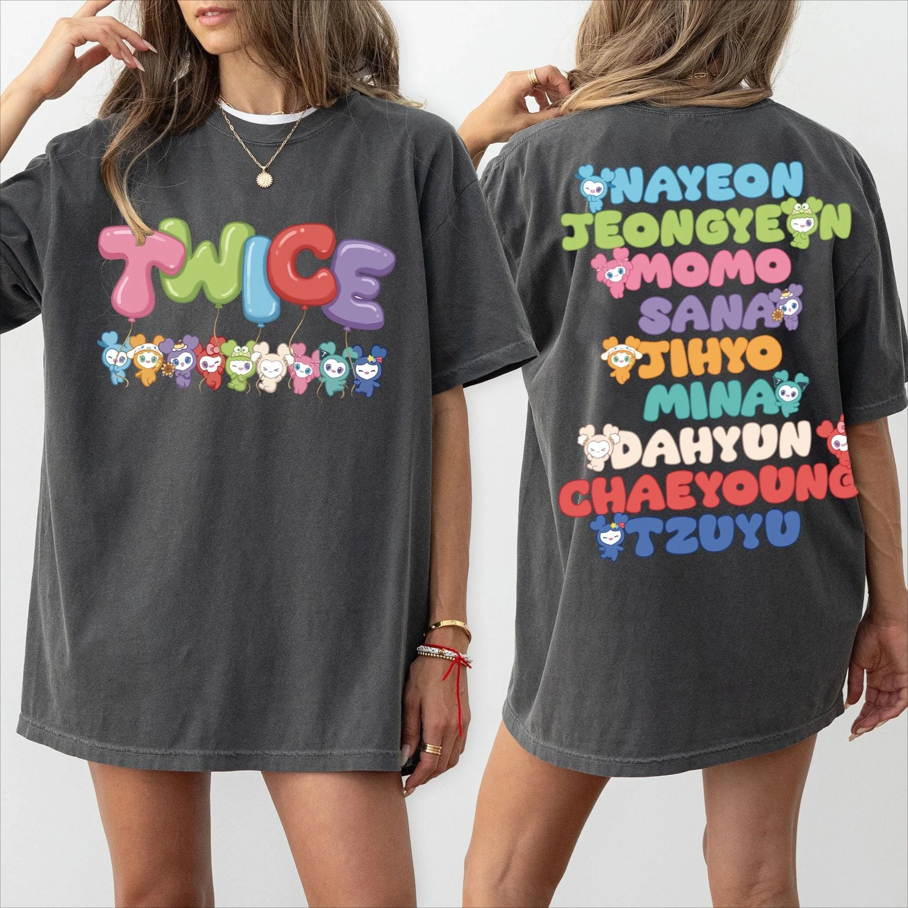 Camiseta Unissex TWICE Lovelys com Estampa de Mascote 100% Algodão 2026 Nova Camiseta Retrô Oversize de Moda Coreana Kpop para Homens e Mulheres