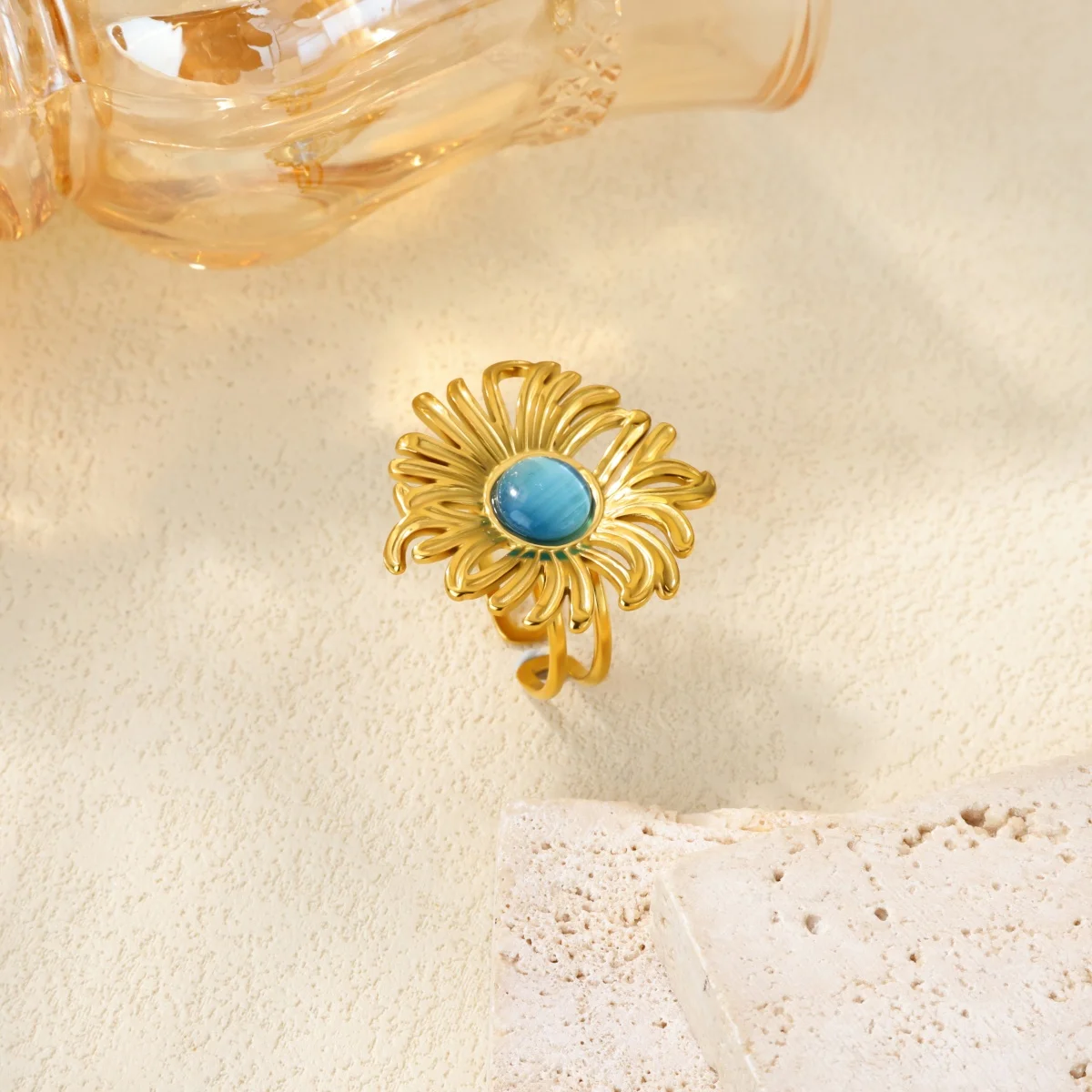 Luxury Stone Flower Rings For Women Stainless Steel Gold Color Open Finger Ring Trendy Wedding Party Aesthetic Jewelry Gift