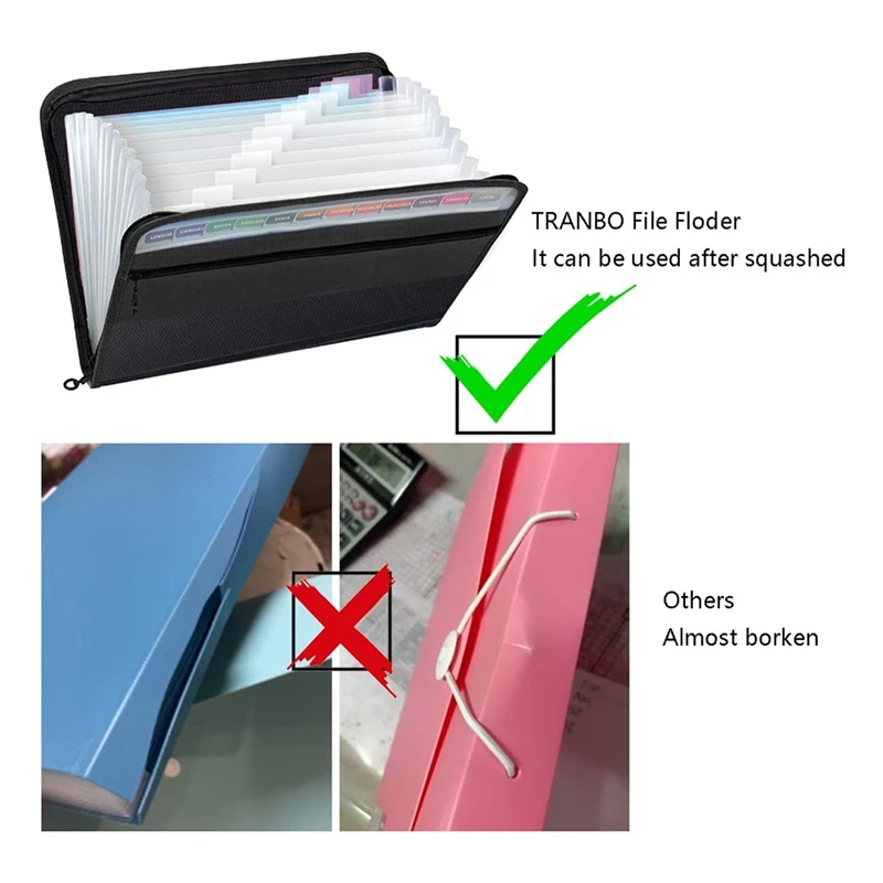 T04C-13 Pockets Expanding File Folder A4 Plastic Document Wallet Organizer For Personal Office Stationary Storage(Black)