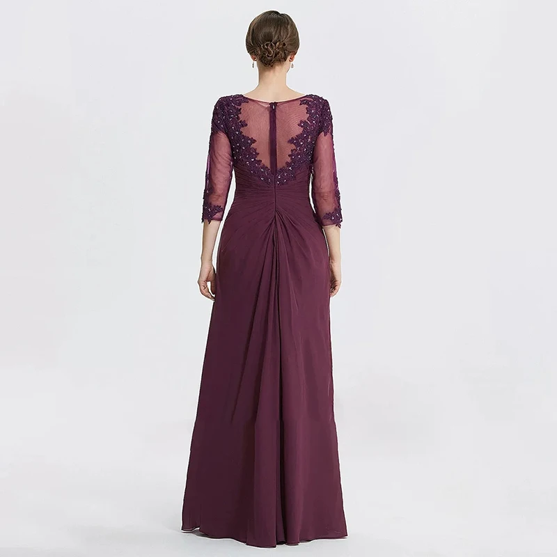 ชุดราตรีสีแดงไวน์สำหรับผู้หญิง คอทรงเรือ แขนสามส่วนแบบซีทรู ชุดแม่เจ้าสาว ชุดงานเลี้ยงอาหารค่ำ ชุดงานพรอม