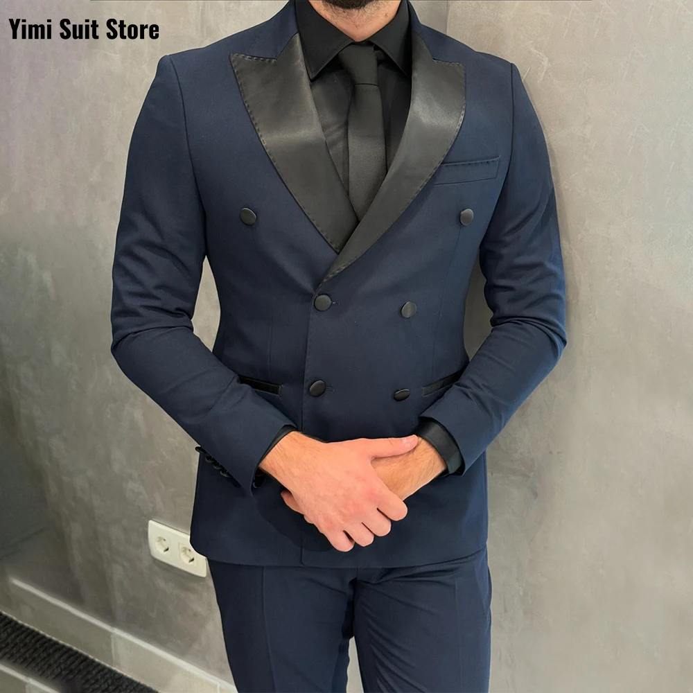 

2 Pieces Black Suits for Men Peaked Lapel Double Breasted Bespoke Blazer Wedding Groom Tuxedos Office Costume Homme Jacket+Pants