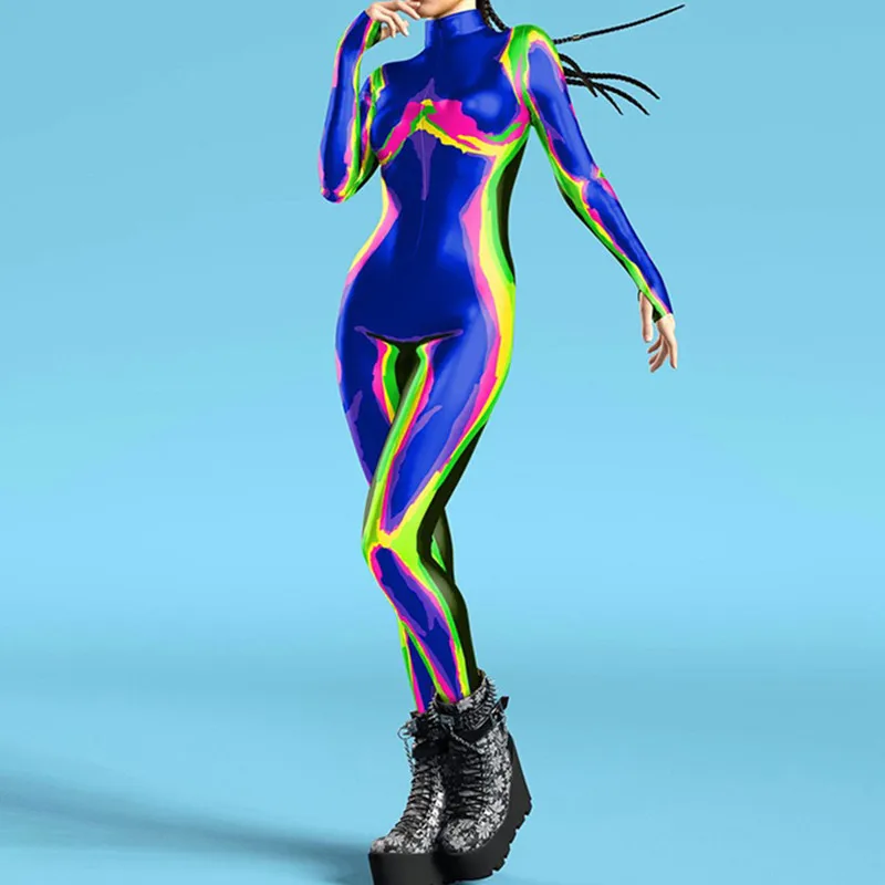 New Women Bodysuit Cosplay Colorful 3D Printing Zentai Skinny Slim Elastic Jumpsuit Outfit Halloween COS Catsuit Adult disfraz