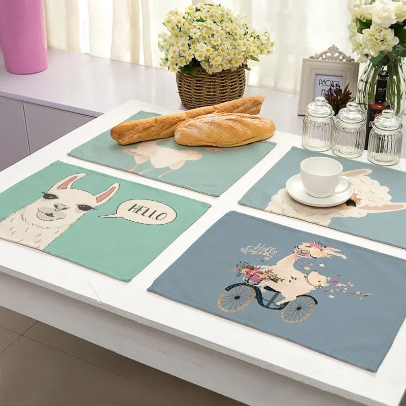 45*32cm Alpaca Pattern Kitchen Placemat Cartoon Linen Dining Table Mats Coaster Pad Bowl Cup Mat for Home Decor Gifts
